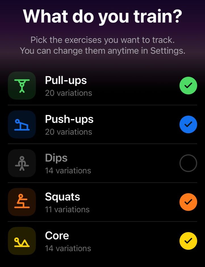 What do you train? Pull-ups, push-ups, squats and core ticked, dips left out
